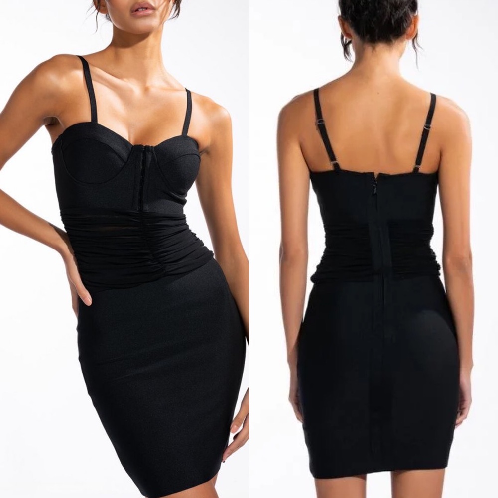 Black Ruched Waist Bodycon Dress with Bustier Top